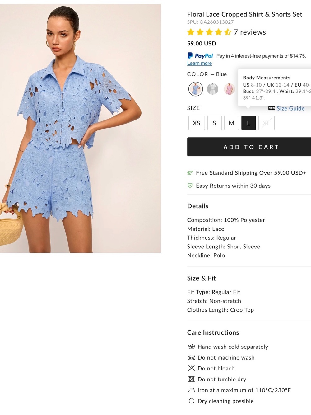 Commense Floral Lace Cropped Shirt & Shorts Set - Large - Blue - Picture 2 of 9
